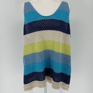 Crochet Striped Tank Top Vest Blue Green Beige 3X Grandmacore Hippie Indie Beach